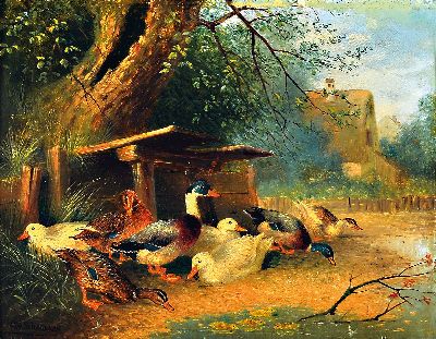 Otto Scheuerer, 1862-1934 München, Entenhof,8 Enten vor Dorfkulisse, links unten signiert,Öl/Holz, verso altes Etikett mit Titel "Enten", ...