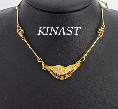 14 kt Gold Brillant-Collier, GG 585/000, abstraktes Design, Anfertigung durch KINAST/Worms, Brillant ca. 0.03 ct Weiß/si, L.ca. 45 cm, ...