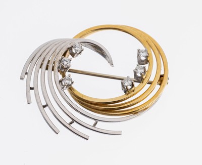 14 kt Gold Brillant-Brosche, GG/WG 585/000,geschwungene Gestaltung, 6 Brillanten zus. ca.0.18 ct Weiß/si, ca. 7.1 g