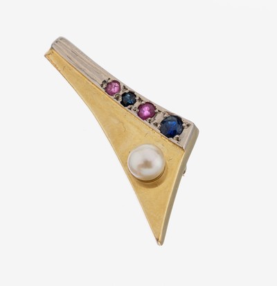 14 kt Gold Perl-Farbstein-Brosche/Anhänger, GG 585/000, Zuchtperle, D. ca. 4.8 mm, 2 rundfacett. Saphire und 2 rundfacett. Rubine zus. ca. 0.12 ct, ...