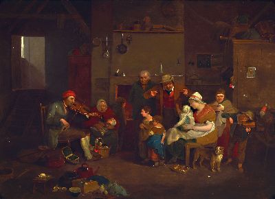 William Kidd, um 1790-1863, vielfigurige Familienszene in der Küche mit Kleinkindern und Musikern, Öl/Holz, links unten (im Hocker) signiert, ca. ...