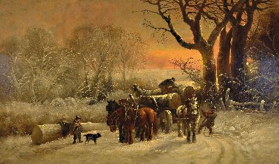 Thomas James Baker of Barth, 1767-1848, Die Holzwerker am verschneiten Waldrand im Abendrot, seitlich zuschauend Kind und Hund, Öl/Lwd/Hartfaser, ...