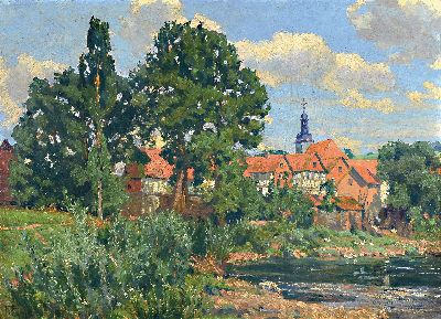 Friedrich Fennel, 1872 - 1926, Willinghäuser Malerkolonie, Sommertag, Dorf in Hessen, um 1910, li. unten signiert, ca. 43 x 60 cm, Rahmen l. best.