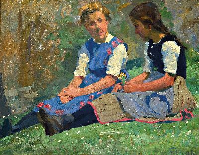 Friedrich Fennel, 1872 - 1926, Willinghäuser Malerkolonie, Auf der Lichtung, um 1910, Öl/Lwd, "zwei Mädchen", re.u. signiert, ca. 36x 46 ...