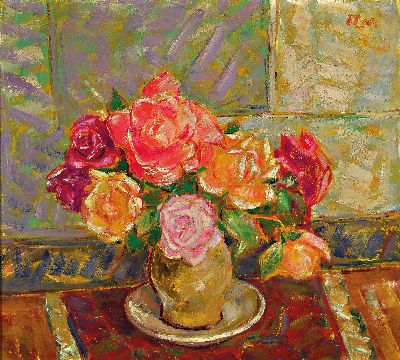 Rolf Müller-Landau, 1903-1956 Bad Bergzabern, Stillleben mit Rosen, Öl/Lwd, rechts oben monogrammiert RM, rückseitig signiert und betitelt ...