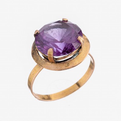 14 kt Gold Farbstein-Ring, RG 585/000 gepr. schlicht, rundfacett. synth. Korund, RW 53, ca. 3.1 g