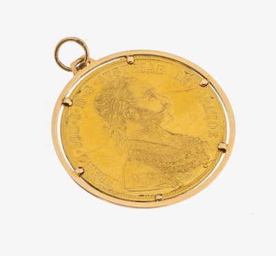 18 kt Gold Münz-Anhänger, GG 750/000, schlichte Rahmung, lose gefasste Goldmünze, 4 Dukaten, Österreich-Ungarn, 1915, offizielle Nachprägung, ...