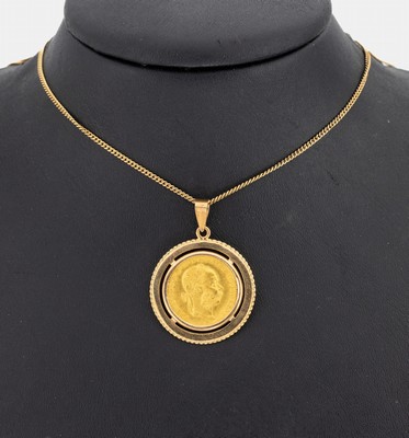 18 kt Gold Münz-Anhänger, GG 750/000, 20 Kronen, Österreich-Ungarn 1915, offizielle Nachprägung, an Kette 14 kt Gold, L. ca. 61 cm, ...