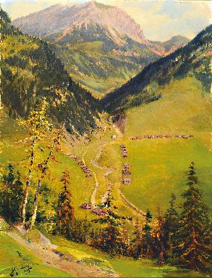 Hans Gantner, 1853 Feldkirchen, Steinhof - 1914, Alpenlandschaft mit Blick auf ein Tal, Öl/Lwd, signiert, 50 x 38 cm, Rahmen ca. 63 x 52 cm
