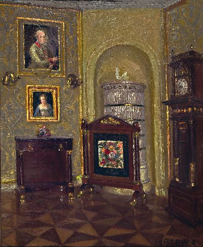 Robert Breyer, 1866 Stuttgart-1941 Bensheim,Interieur mit Kachelofen, Ofenschirm, Standuhr und Gemälden, Öl/Lwd, rechts unten signiert, ca. ...