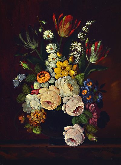 Oskar Denner, 1924 Wien-?, Blumenstillleben mit Insekten und Schmetterling, Öl/Holz, 40x30cm, rechts unten signiert O. Denner fecit cm, Rahmen 52x42 ...