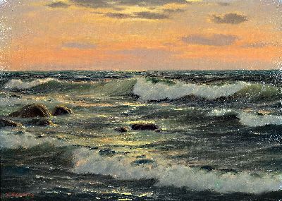 Waldemar Schlichting, 1896-1970 Berlin, Meeresbrandung bei Sonnenuntergang, verso bez."Borkum - Riff", Öl/Lwd, punktuell links untenrest., ...