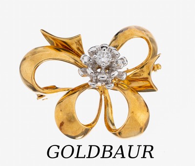 18 kt Gold GOLDBAUR Brillant-Brosche, GG/WG750/000, in Form einer Blüte, Blütenstempel inWG, Brillant ca. 0.15 ct feines Weiß/lp, lt. ...