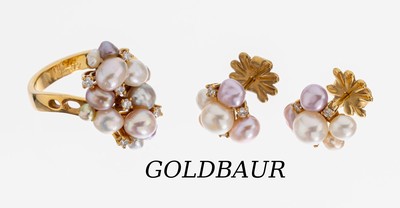 18 kt Gold GOLDBAUR Perl-Brillant-Schmuckset, GG 750/000, bes. aus: Ring und Paar Ohrstecker, bes. mit Keshi/Biwaperlen, in Rosa, Grau und Weiß, 12 ...