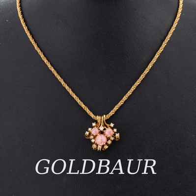 18 kt Gold GOLDBAUR Rhodochrosit-Brillant- Anhänger, GG 750/000, 3-tlg., 1 x mit 3 Rhodochrosit-Kugeln, D. ca. 6,9, 5.2 und 4.5mm, kl. Brillant ca. ...