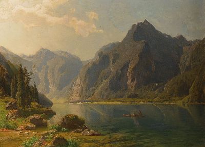 Carl Jungheim, 1830-1886 Düsseldorf, Blick über den Königssee auf St. Bartholomä, Figurenstaffage, rechts unten signiert, Öl/Lwd, v.a. im ...