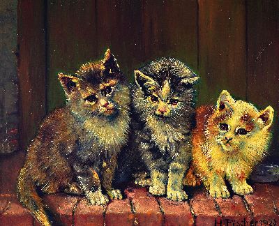 H. Fischer, datiert 1923, drei Katzen, Öl/Malkarton, rechts unten sign. und dat., ca. 18x22cm, R. ca. 22x26cm
