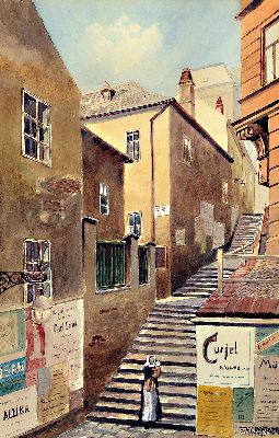 Franz Hoffelner, 1875-1936, Alte Ansicht des Ratzenstadtls, so verso betitelt, Aquarell auf Papier, rechts unten signiert, ca. 27x18cm, PP, u.Gl., R. ...