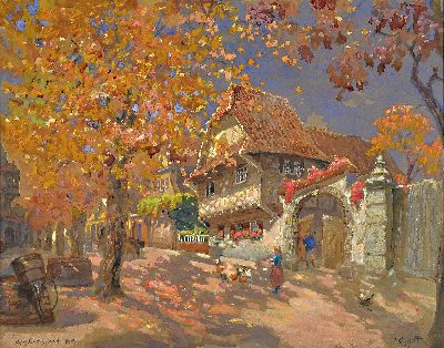 August Croissant, 1870-1941 Landau, "Rhodt", wohl Blick entlang der Theresienstraße, signiert und datiert 1919, Mischtechnik/Gouache auf ...