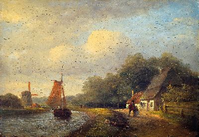 Adolf Lier, 1826 Herrnhut-1882 Vahrn, niederländische Flusslandschaft, Figurenstaffage, Öl/Holz, rechts unten fragmentarisch signiert, ungerahmt, ...