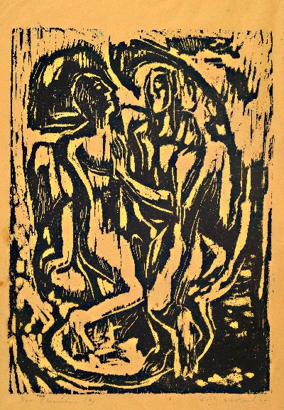 Rudi Bearwind, 1910-1982 Mannheim, Linolschnitt, "Der Zwiemann" 1947, Blatt 6, signiert und datiert, gebräunt, unter Glas gerahmt 57x64 cm