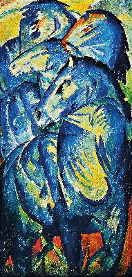 Unbekannter Künstler nach Franz Marc (1880 -1916) "Der Turm der blauen Pferde", 1960/70er-Jahre, Öl/Karton, unsigniert, Rahmen46x26 cm