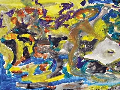 Rudi Baerwind, 1910-1982, abstrakte Figuren-Komposition, 1950/60er-Jahre, Gouache auf Papier, unter PP und Glas gerahmt 44x54 cm
