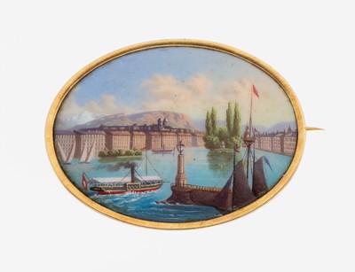 18 kt Gold Emailmalerei-Brosche, Schweiz um 1900, GG 750/000 gepr., ovale Emailmalerei,Ansicht auf den Genfer See, fein ausgeführt, rs. hellblaues ...