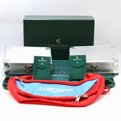 Konvolut: CHRONOSWISS Classics neuwertige grüne Umhängetasche, 2 CHRONOSWISS Aluminium Boxen, grüner CHRONOSWISS Überkarton, neuwertige LONGINES ...