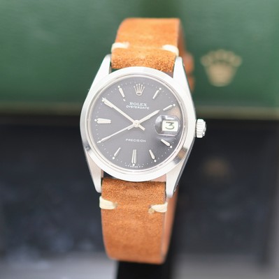 ROLEX Oysterdate Precision Armbanduhr in Edelstahl Referenz 6694, Schweiz um 1965, Handaufzug, 3-teil. Geh., Lederband m. orig. Dornschl., Boden u. ...