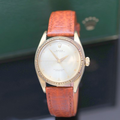 ROLEX Oyster Perpetual Zephyr Armbandchronometer in GG 585/000 Referenz 6582, Schweiz um 1957, Automatik, 3-teil. Geh. inkl. Lederband m. orig. ...