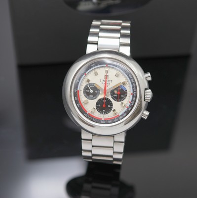 TISSOT T12 Armbandchronograph in Edelstahl Referenz 40504, Schweiz um 1968, Handaufzug, 2-teil. Geh. inkl. original Gay Freres Band m. Faltschl., ...
