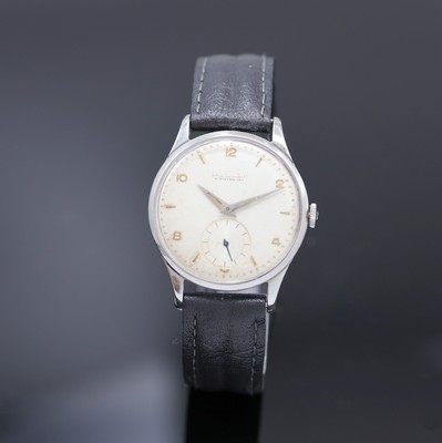 IWC Schaffhausen Armbanduhr in Stahl, Schweiz um 1952, Handaufzug, 3-teil. Geh., Boden und Glasrand aufgedr., silb., Zifferbl. altersbed. fl./pat., ...