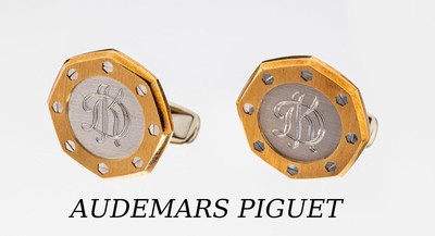 Paar 18 kt Gold AUDEMARS PIGUET Manschettenknöpfe, GG/WG 750/000, Royal Oak, Edelstahlschrauben, Edelstahlplatte mit Monogramm KD, D. ca. 2.2 cm, ...
