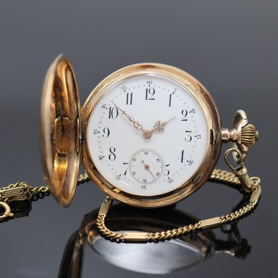 SYSTEME GLASHÜTTE Herrensavonette in RG 585/000 an GG 333/000 Kette, Schweiz um 1910, ehm. guill. 3-Deckel-Goldgeh. dell., Emailzifferbl. riss., ...