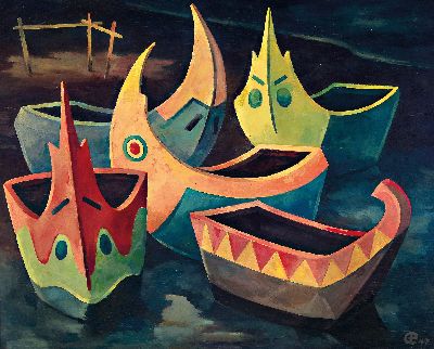 Gerhard Pommeranz-Liedke, 1909-1974, Kaneval der meia luas, Halbmondboote in Nazare/Portugal, Öl/Holz, rechts unten monogr. und dat. 47, rückseitig ...