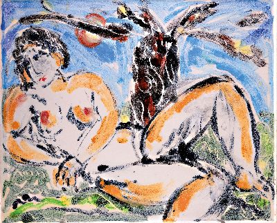 Elisabeth Mack-Usselmann, 1927 Karlsruhe- 2020, Meisterschülerin von Erich Heckel, bemalte Platte aus der Karlsruher Majolika, Unikat von 1997, ...