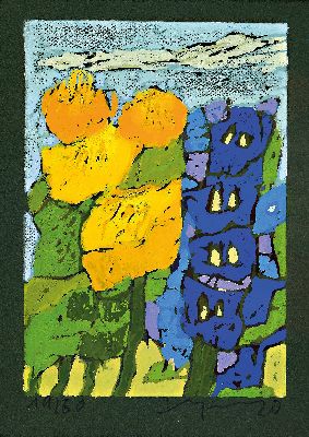 Klaus Fußmann, geb. 1938 Velbert, Farblinolschnitt auf grünem Papier, sign. und num. 19/660, ca. 30x21cm, u.Gl., R. ca. 42x33 cm