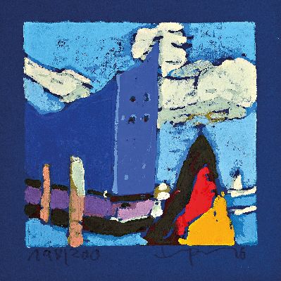 Klaus Fußmann, geb. 1938 Velbert, Elbphilharmonie Hamburg, Farblinolschnitt auf blauem Papier, sign. und num. 198/200, ca.13.5x14cm