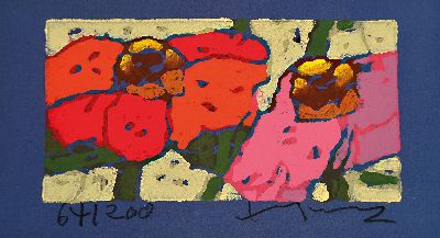 Klaus Fußmann, geb. 1938 Velbert, Rote Rosen, Farblinolschnitt auf blauem Papier, sign. und num. 64/200, ca. 7x13.5cm