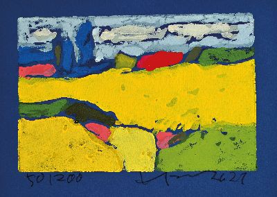 Klaus Fußmann, geb. 1938 Velbert, Raps-Rotes Haus-Ostsee, Farblinolschnitt auf blauem Papier, sign. und num. 50/200, ca. 10x15.5cm