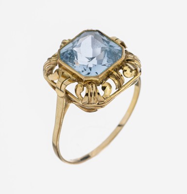 8 kt Gold Ring mit synth. Spinell, 1950er Jahre, GG 333/000, facett. blauer synth. Spinell, RW 68, ca. 3.6 g