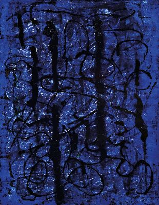 Ernst Geitlinger, 1895 Frankfurt/Main-1972 Seeshaupt, Schwarz auf Blau, Tempera auf Tusche auf Papier, verso Signaturstempel, dat. 59, betitelt und ...