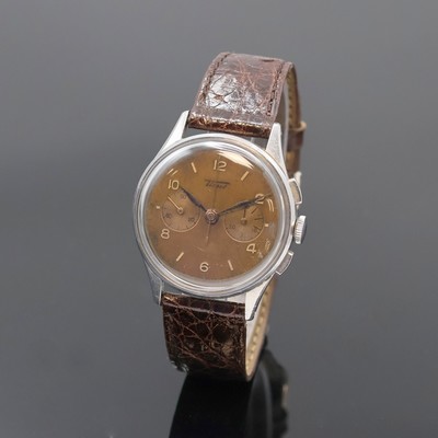 TISSOT Armbandchronograph in Stahl Referenz 6212-5, Schweiz um 1945, Handaufzug, 3-tlg. Geh., Boden u. Glasrand aufgedr., rotgold. Zifferbl. stark ...