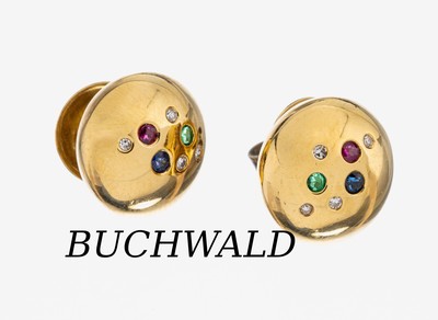 Paar 18 kt Gold BUCHWALD Saphir-Rubin-Smaragd-Diamant Ohrstecker, GG 750/000, bes. mit 8 8/8-Diamanten zus. ca. 0.04 ct Weiß/si, 6 rundfacett. ...