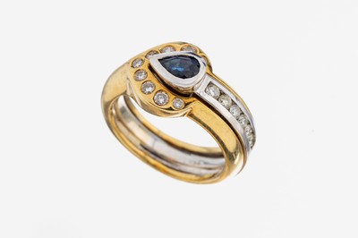 18 kt Gold Saphir-Brillant-Ring, GG/WG 750/000, ausgefallene Schiene, Aufbau in 2 Ebenen, anged. Herzform, in WG gefasster facett. Saphir-Tropfen ...