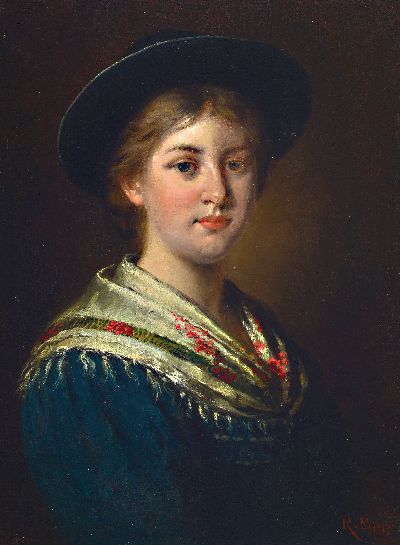 Rudolf Epp, 1834 Eberbach-1910 München, Porträt einer jungen Frau mit Hut und Schultertuch, Öl/Lwd, rest. und doubl., rechts unten signiert, ca. ...