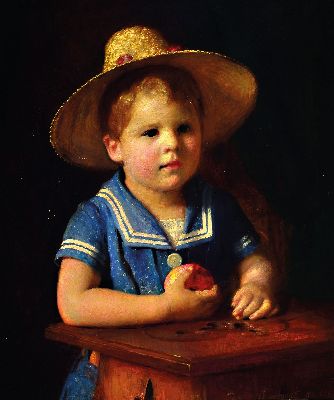Frederick Samuel Beaumont, 1861-1954, Porträt eines Jungen im Matrosenanzug und Hut mit Apfel, Öl/Lwd, rechts unten sign.: Fred.S.Beaumont 1889, ...