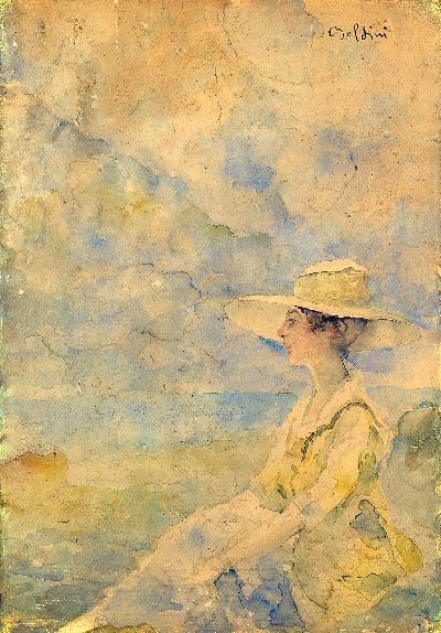 Giovanni Boldini, 1842 Ferrara-1931 Paris, Aquarell auf Papier, Träumende Frau vor Küstenkulisse, rechts oben signiert Boldini, auf Malpappe ...
