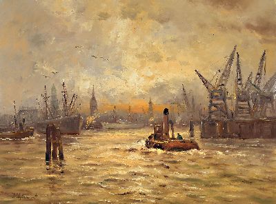Adolf Rheinert, 1879-1958, Sonnenaufgang im Hafen, Öl/Malkarton, links unten sign., stimmungsvoll, ca. 60x80cm, R. ca. 74x94cm